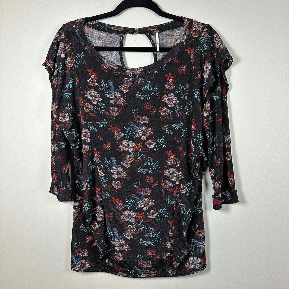 Free People Large Top Black 3/4 Sleeve Floral Bird Print Ruffle Open Back Boho